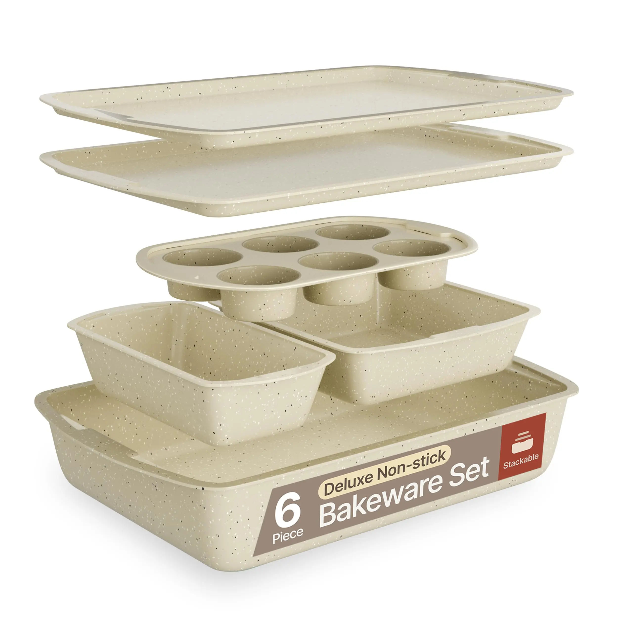 Bakken Swiss 6-Piece Square Bakeware Set - Luxury Stackable Non-Stick Carbon Steel Oven Pans with White Stone Coating, Food-Grade, Heat-Resistant Kitchenware, Non-Slip Design, Space-Saving Storage