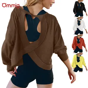 Ommig Womens Open Back Workout Top Long Sleeve Athletic Shirts Casual Crop Running Tee Y2k Yoga