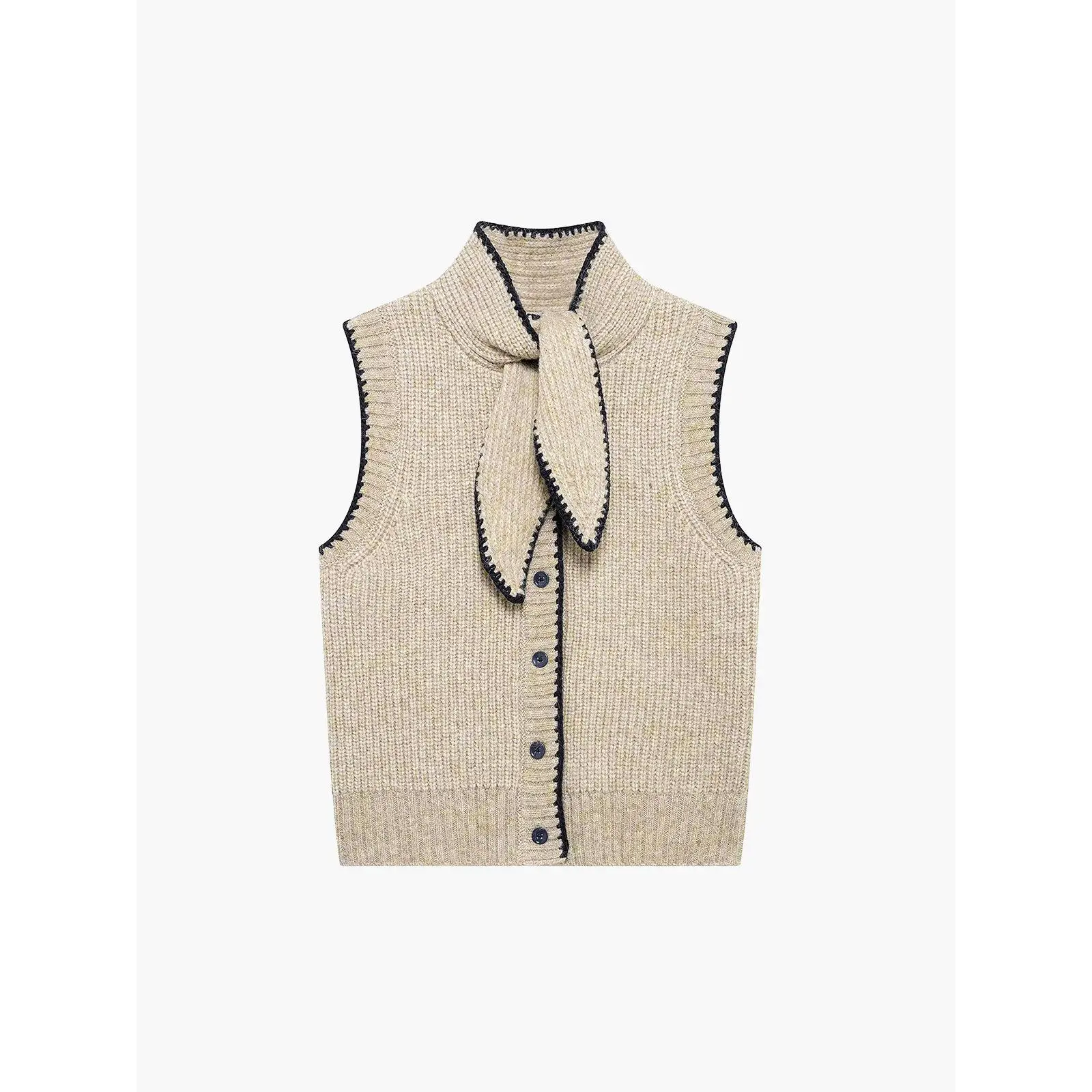 Women's Lady Tops, Tie-Neck Button Sweater Vest with Contrast Trim