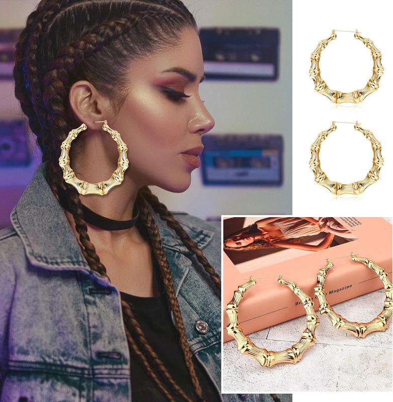 Jstyle 4 Pairs Bamboo Hoop Earrings for Women Large Heart Square Geometric Earrings Oversized Bamboo Hoop Earrings Set Hip-Pop Jewelry Fashion Party Costume Accessory Daily