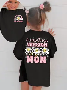 Girls' "Miniature Version of My Mom" Daisy & Checkered Graphic T-Shirt | Retro Back Print Short Sleeve Tee for Kids