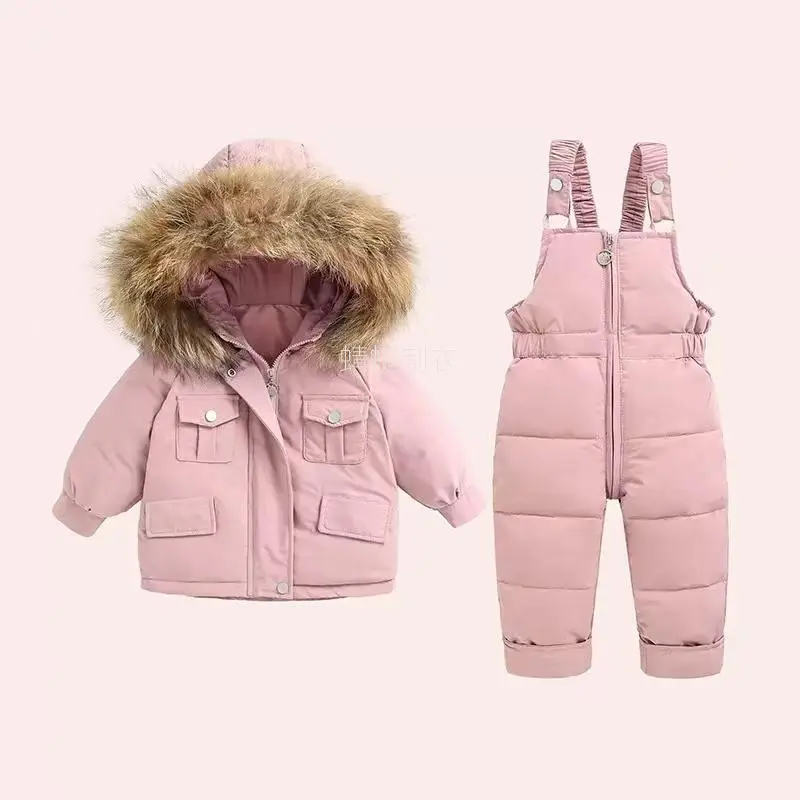 Toddlers' 2-Piece Hooded Winter Snowsuit, Long Sleeve Nylon Jacket & Pants Set, Thick Warm Polyester Skiwear for Girls, Two-Pieces