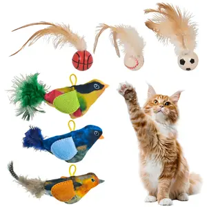 Interactive Cat Toys Set Realistic Chirping Bird Feather Toy with Automatic Sensors Soft Durable Plush for Mental Physical Stimulation 3 Styles 3 Feather Balls 3 Sisal Balls