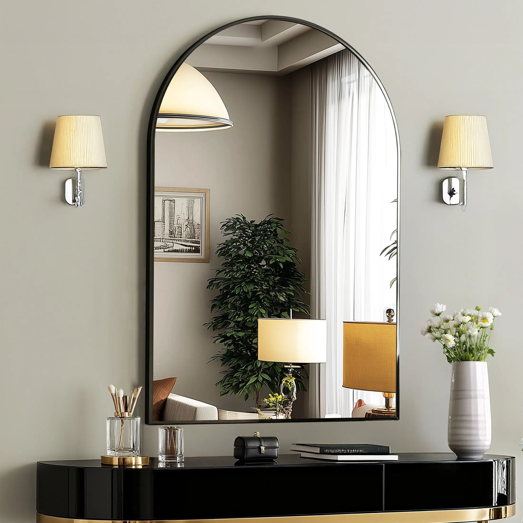 Sweetcrispy Arched Gold Aluminum Frame Glass Bathroom Mirror - Wall-Mounted Modern Vanity Mirror, Durable Home Wall Decor for Bathroom, Bedroom, Modern Mirror