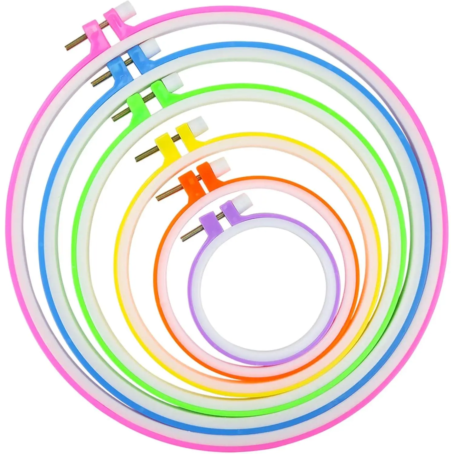 Synthetic Embroidery Hoops (5 Count) - Plastic Adjustable Screw Rings, Size Variety 3.4in-10.2in Multicolor Sewing for Beginner Crafting Tools, Needlework Accessories