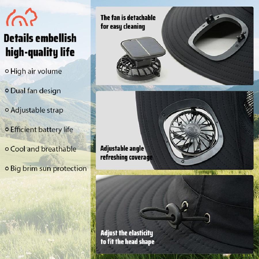 Wide eave solar fan outdoor fishing hat 2 solar fan men's hats with built-in solar fan fishing hat men's fan hat, thermal sensitive worker, lightweight headwear, adjustable hat, reinforced stitching, high-quality textile, cooling hood, summer traveler