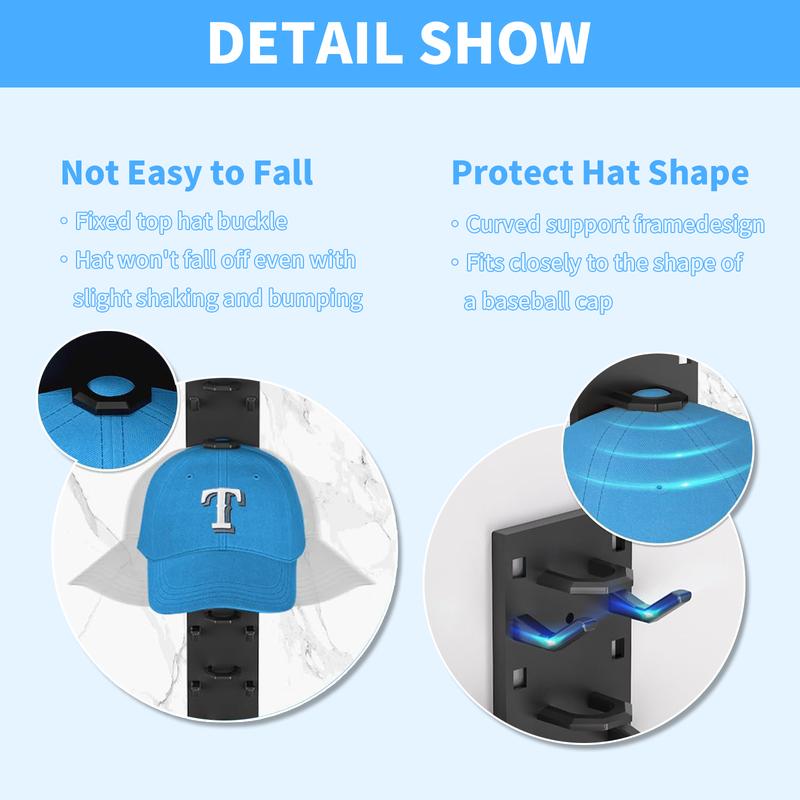 2  Hat Organizer for Baseball Caps, Hat Rack for Wall with Strong Adhesive Hold up to 18 Hats, Hat Hanger Strong Adhesive/Wall Drilled for Door,Bedroom,Closet