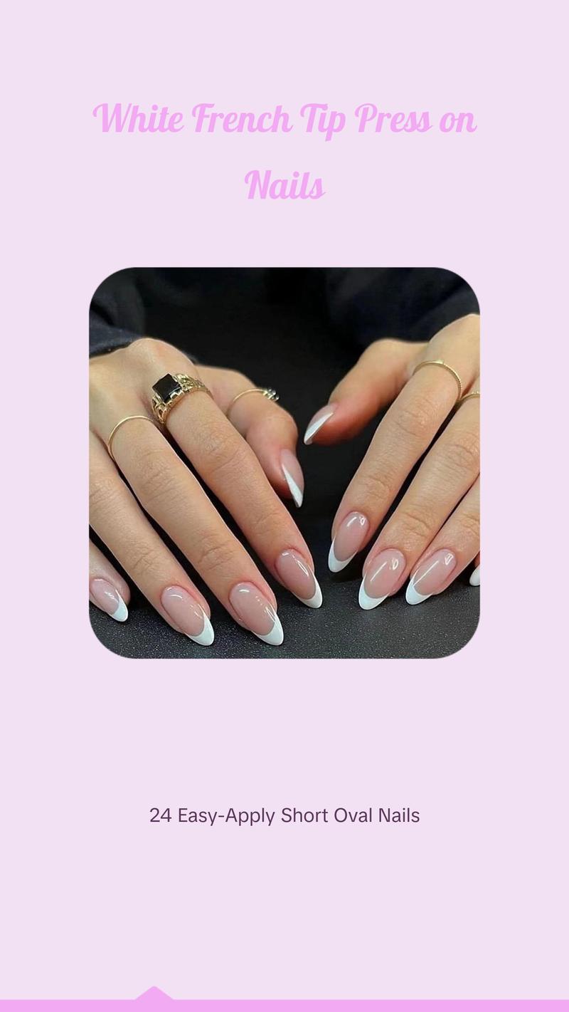 White French Tip Press on Nails - Short Oval Fake Nails for Daily Wear - Simple Glue on Light Pink Full Cover False Almond Acrylic Stick on Nails for Women - 24 Pcs