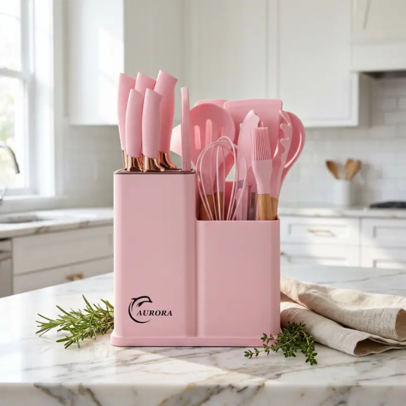 Practical and romantic   gift:19 piece set of kitchen knives with heat-resistant silicone tableware and wooden handle, including chef's knife,non stick pan and more kitchen utensils, fashionable white spoon non stick pan Cookware Stylish  Cooking Pans Set