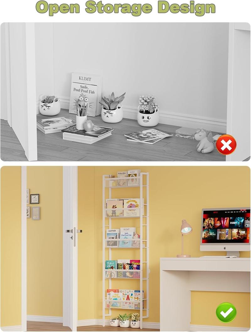 Wall Mounted 5-Tier Bookshelf, Metal Book Rack Organizer for Books, Magazines & Decor, Space-Saving Wall Bookcase for Living Room, Bedroom, Office, White