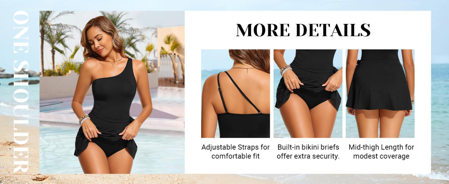 Daci Women's One Shoulder Swim Dress - Modest Bathing Suit One Piece Swimsuit with Skirt 2026