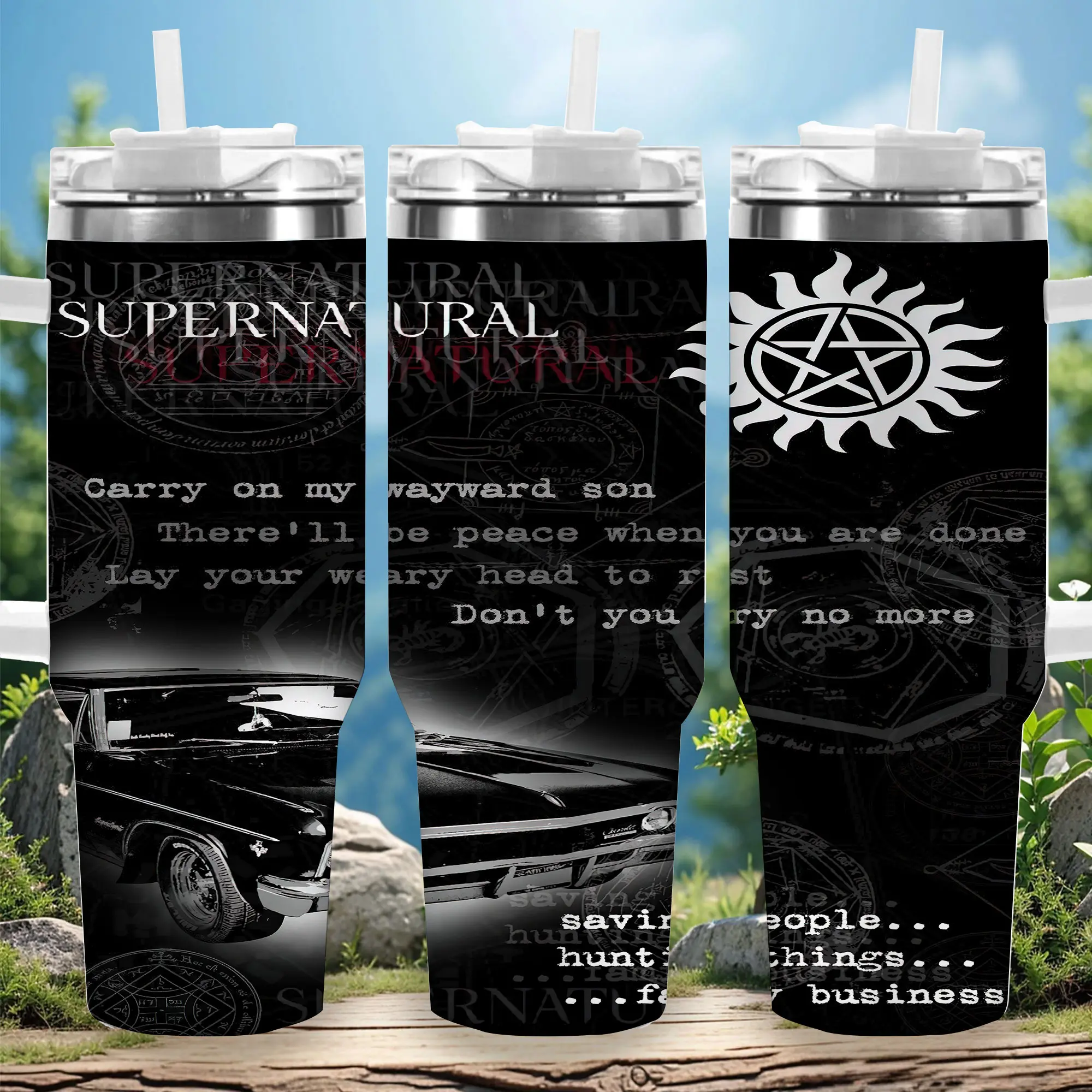 1pc 40oz Supernatural Family Business Insulated Leak-Proof Travel Tumbler with Lid - Drinkware Tumbler Vacuum Flask Coffee Cup, Unique Memorial Birthday Gift for Men, Ideal for Halloween, Independence Day