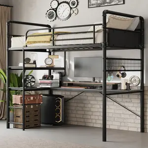 Loft Bunk Bed with L-Shaped Desk, Twin Loft Bed with Desk Underneath, Metal Bunk Beds with High Guardrail and Ladder for Kids/Teens, Vintage Black