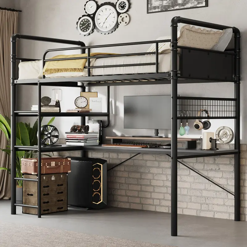 Loft Bunk Bed with L-Shaped Desk, Twin Loft Bed with Desk Underneath, Metal Bunk Beds with High Guardrail and Ladder for Kids/Teens, Vintage Black