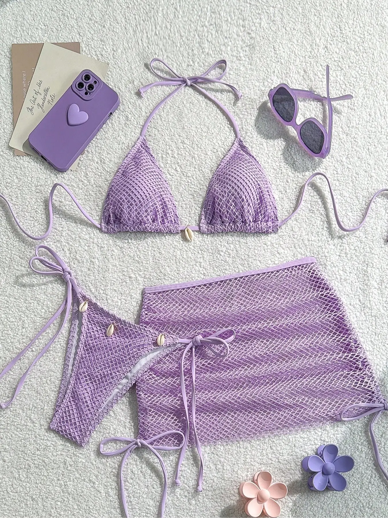 Ladies' three-piece vacation bikini set, Halter Neck Bikini, Halter Bathing Suit, featuring a fishnet halter top with ties at the back and a matching swim bottom, covered by a transparent mesh skirt, beach vacations, Swimsuit Set, Swimsuit For Beach
