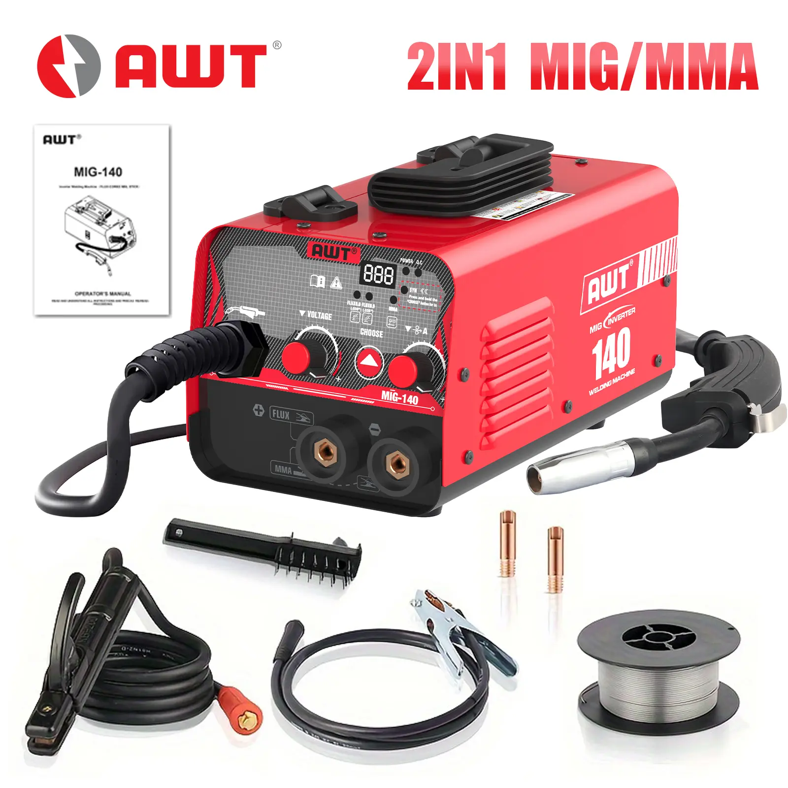 AWT Heavy-Duty Industrial 2-in-1 MIG/ARC/MMA/Stick Welder - 140A DC Welding Machine with IGBT Inverter, Hot Start, Synergic Control, Digital Display, Portable Gasless Welder for Stainless Steel, Iron, Carbon Steel - 110V with Overload/Overheat Prote