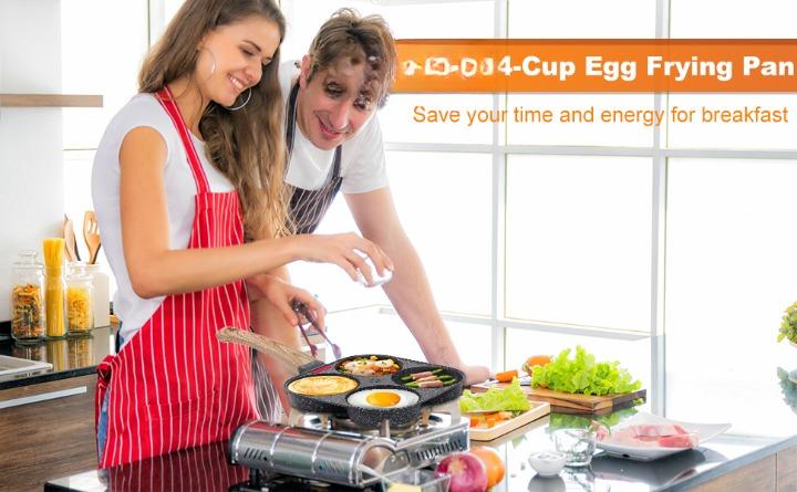 Non-stick Egg Frying Pan, 4 Holes Skillet With Handle, Multifunctional, Wooden Handle Stone Omelet Non-stick Cookware frying pan