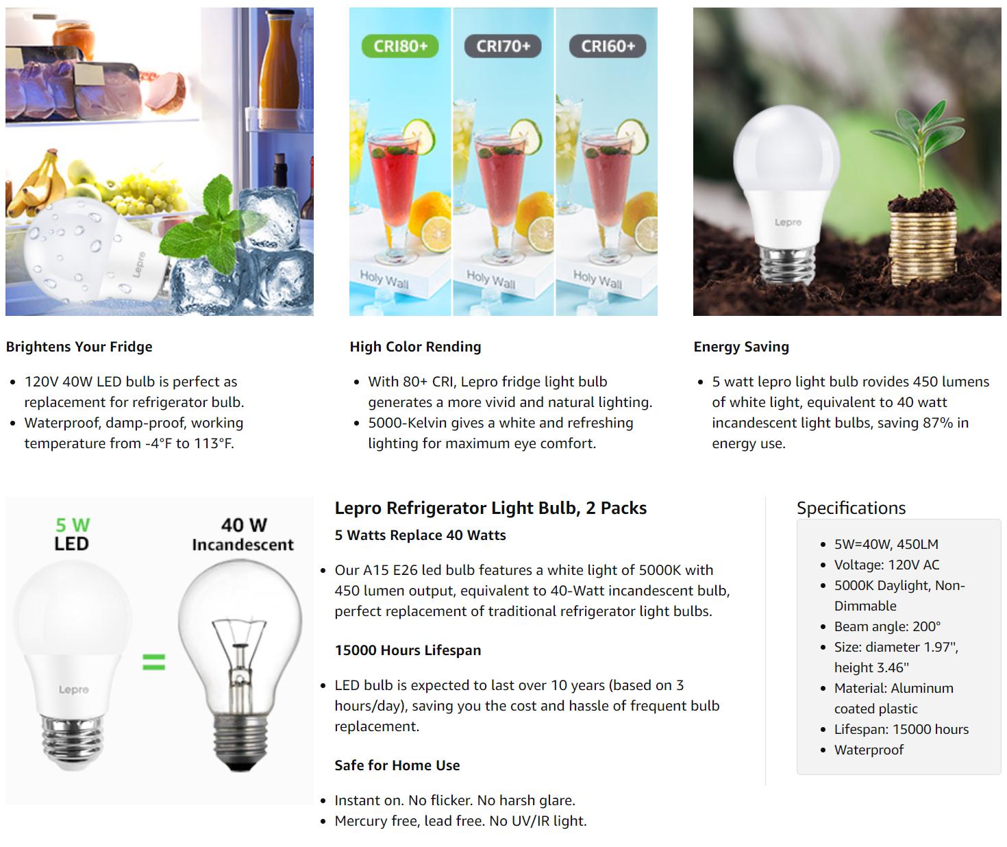 Lepro LED Refrigerator Light Bulb - 40W Equivalent Waterproof Appliance Bulb Replacement for Frigidaire, 5000K Daylight Non-Dimmable Freezer Bulbs with 450 Lumen, 120V 5W A15 E26 Medium Base, 2 Pack