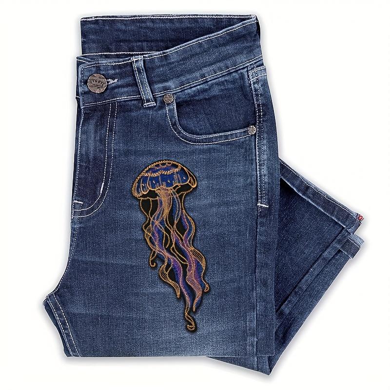 2 Pcs Jellyfish Iron-On Patches, Vivid Navy, Gold, and Black Ocean-Themed Embroidery Design, Heat-Press or Sew-On, Suitable for Jackets, Bags, Hats, Denim, Embroidered Craft Gifts for Men/Women