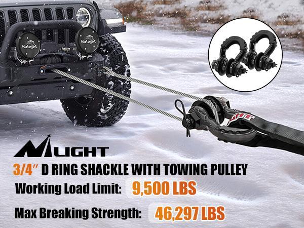 Nilight 3/4" D Ring Shackle with Towing Pulley 2 Pack 4.75 Ton (9500 Lbs) 7/8" Pin Heavy Duty Off Road Recovery Shackle with Isolators Washer Kit for Jeep Truck Tractor Vehicle ATV UTV