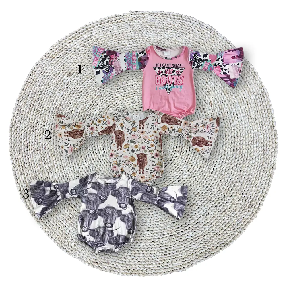 Little Baby Girls Western Cowgirls Flare Ruffle Highland Cow Long Sleeve Bodysuits Rompers Soft Stretchy Pink Bubbles