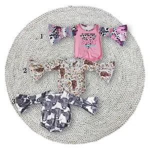 Little Baby Girls Western Cowgirls Flare Ruffle Highland Cow Long Sleeve Bodysuits Rompers Soft Stretchy Pink Bubbles