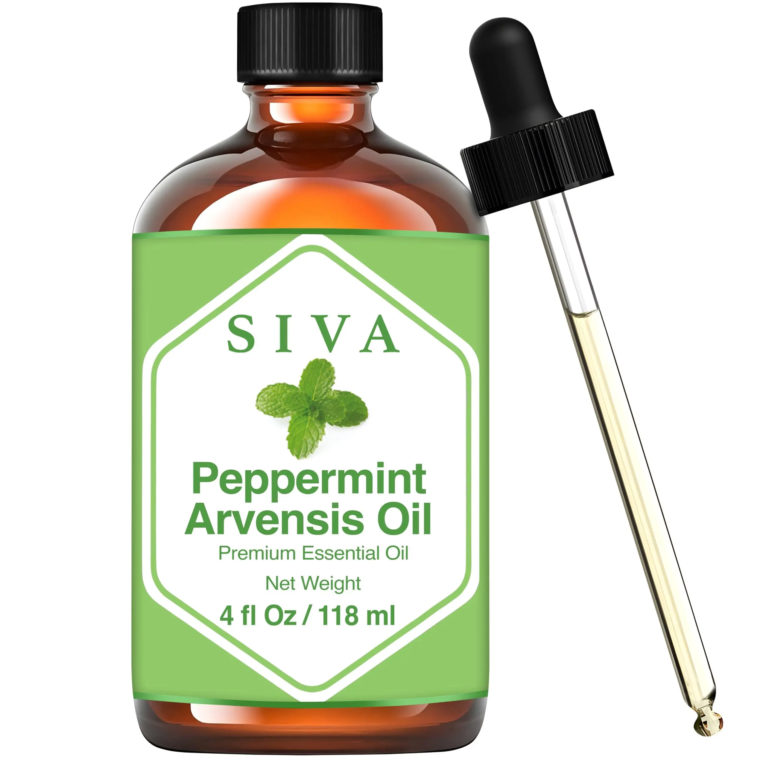 Siva 100% Natural Peppermint Arvensis Essential Oil - 4 fl oz Bottle with Dropper, Prop 65 Safe Therapeutic Oil, Natural Ingredients for Aromatherapy, Body Massages, Bottle + Dropper