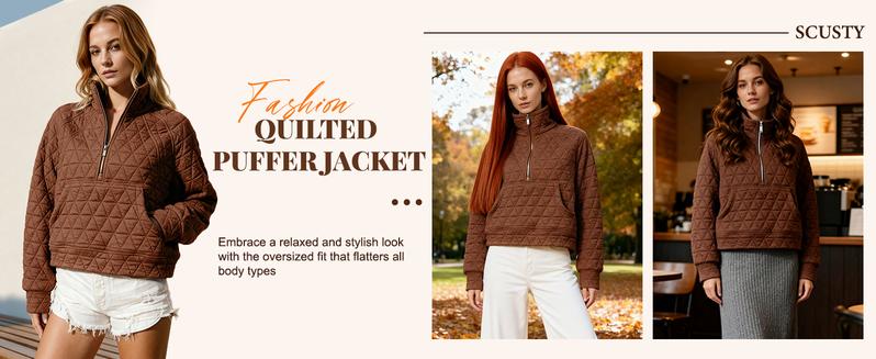 Yeokou  Women's Fall Quilted Puffer Jacket - Half Zip Pullover, Lightweight Warm, Oversize Long Sleeve Casual Outerwear