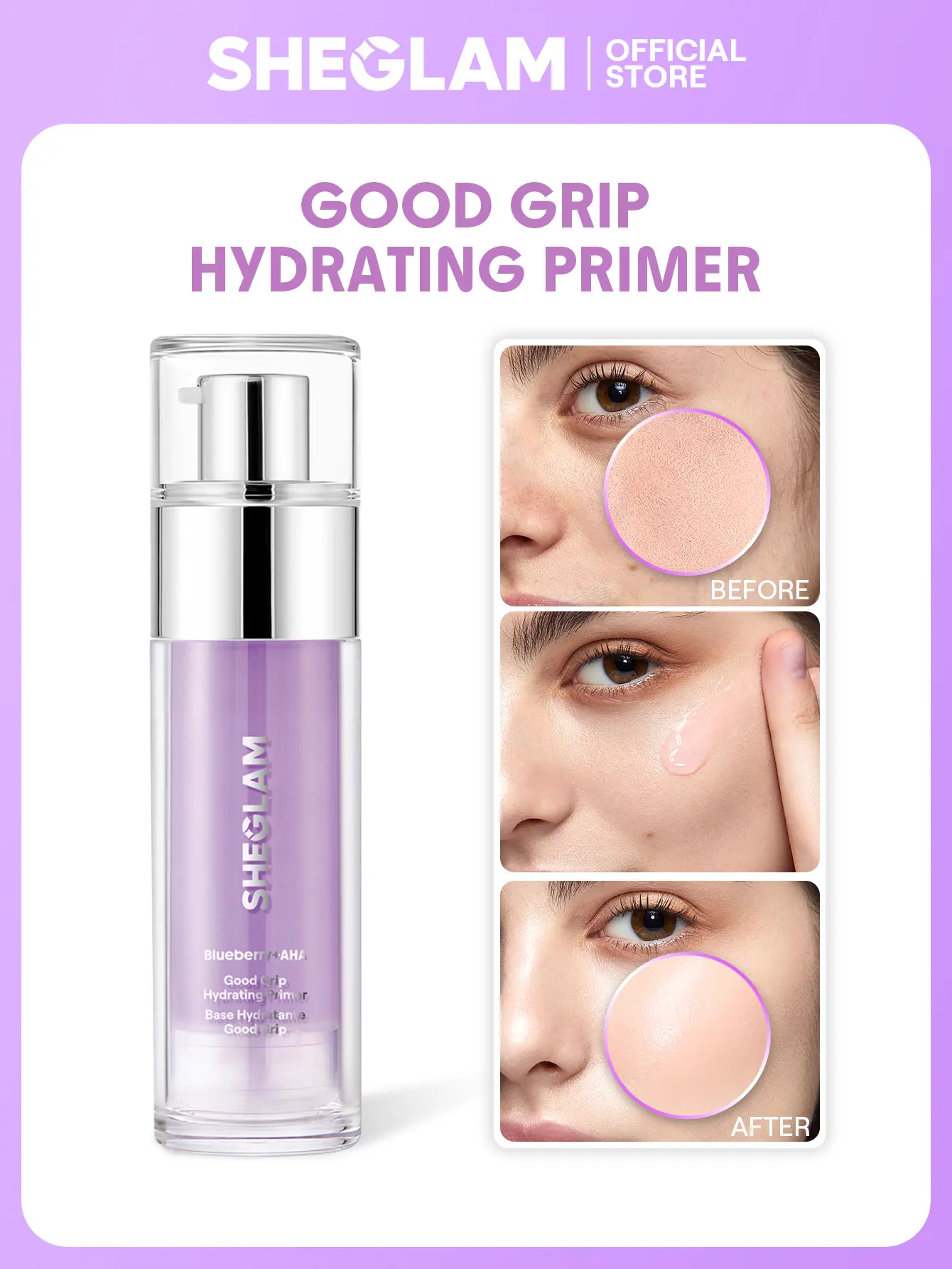 SHEGLAM Good Grip Hydrating Primer Blueberry AHA Face Primer Hydrating Makeup Base Lightweight Smooth Long Lasting Dewy Finish Moisturizing Hydrate