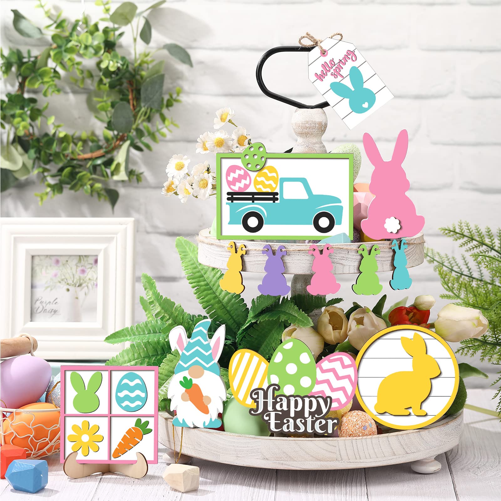 Easter Tiered Tray Decor Wooden Signs Set (No Tray), Rustic Bunny Egg Carrot Jesus Cross Risen Ornaments Cute Durable Layered Tray Signs for Mantel Shelf Table Kitchen Display, Spring Home Easter Decor Christian Family Religious Party Gifts, Date Suppiles