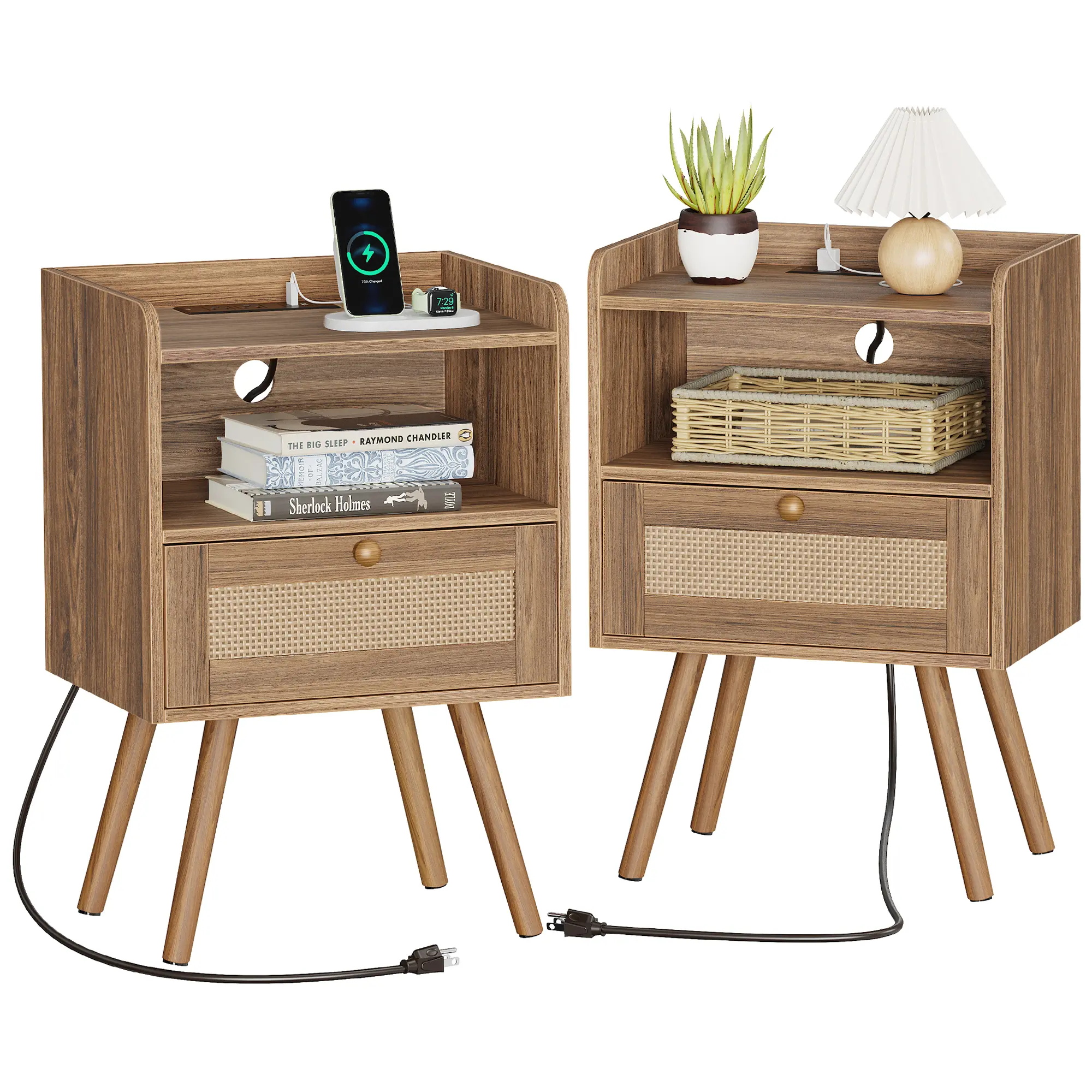 SUPERJARE Minimal 2-Piece Modern Nightstand Set with Charging Station, PE Rattan Decor Drawer, Solid Wood Legs, Organizing Shelf - Home Indoor Bedroom Furniture Bedside End Table