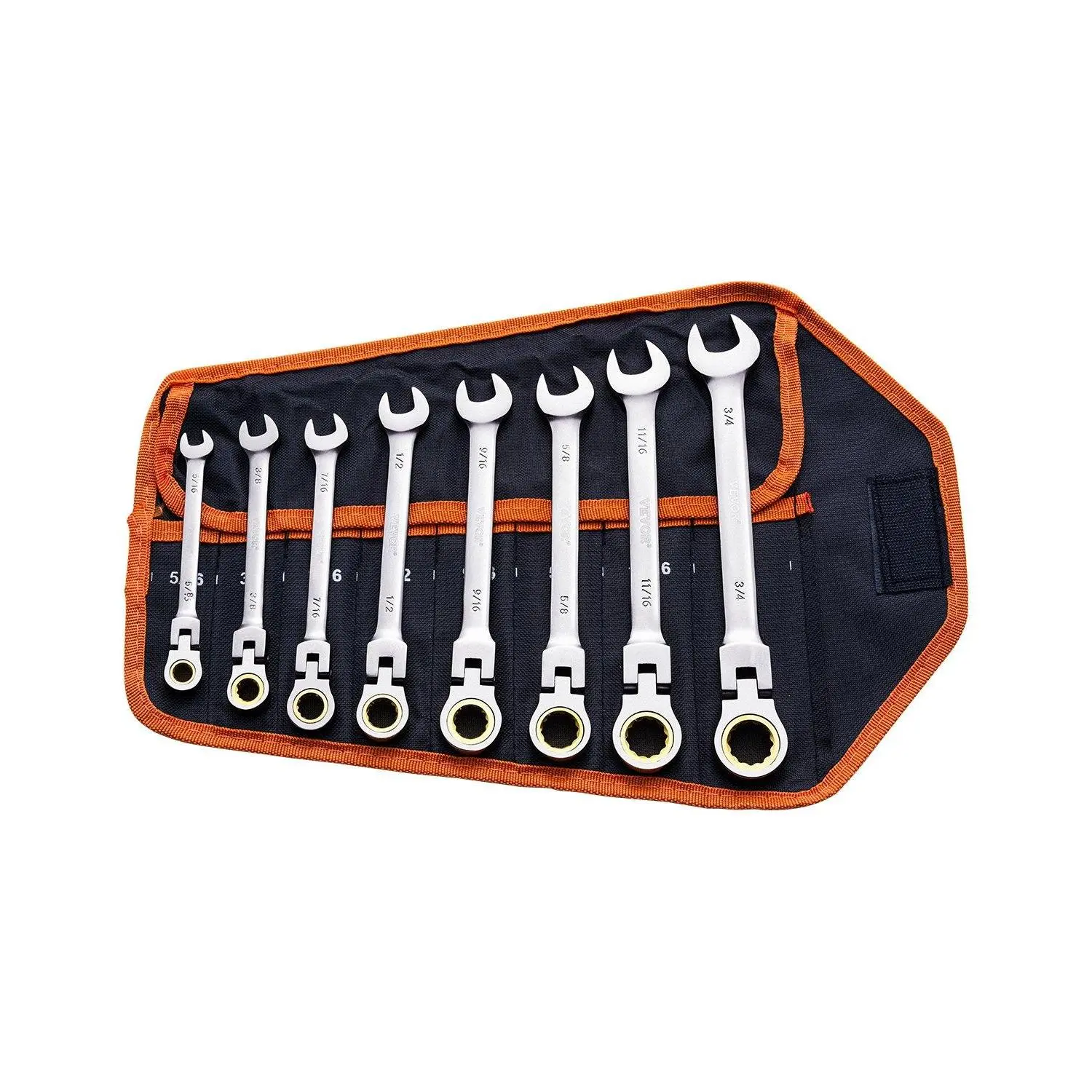 【Summerfinds】VEVOR 8-PCS SAE Adjustable Wrench Set, 5/16"-3/4" Size, 180° Adjustable Head, 72-Tooth Ratchet, Roll-Up Bag Included, Chrome Vanadium, Ideal for Mechanic, Automotive Repair & Assembly