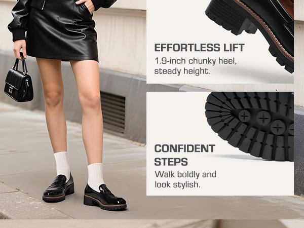 Dream Pairs Women's Round Toe Chunky Mid-Heel Slip-On Loafers - Casual PU Shoes