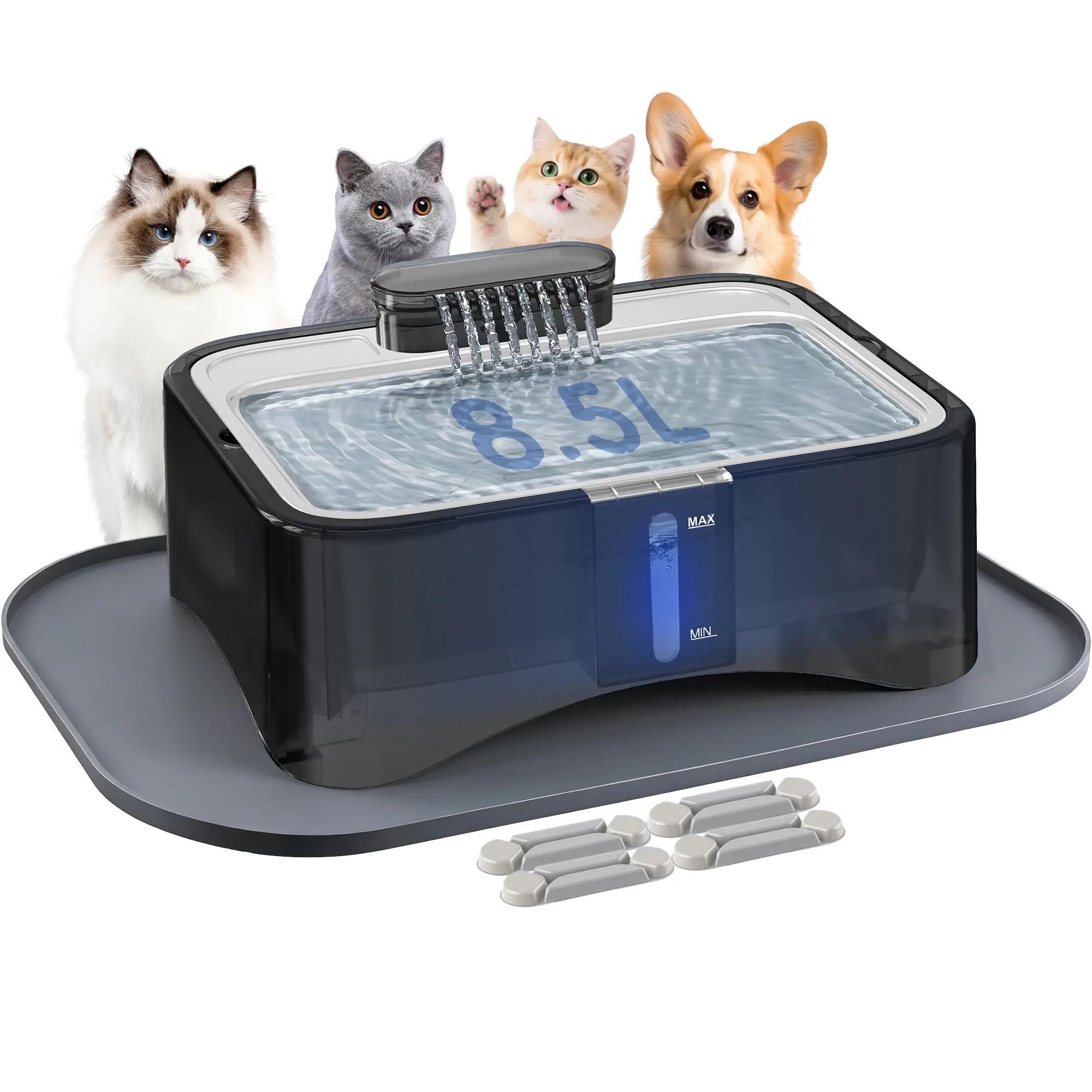 UPSKY Stainless Steel Pet Water Fountain, 8.5L/2.25Gal Ultra Quiet, 304 Material Anti-Clog Pump, 4 Filters for Indoor Cats & Dogs Multi-Pet Use