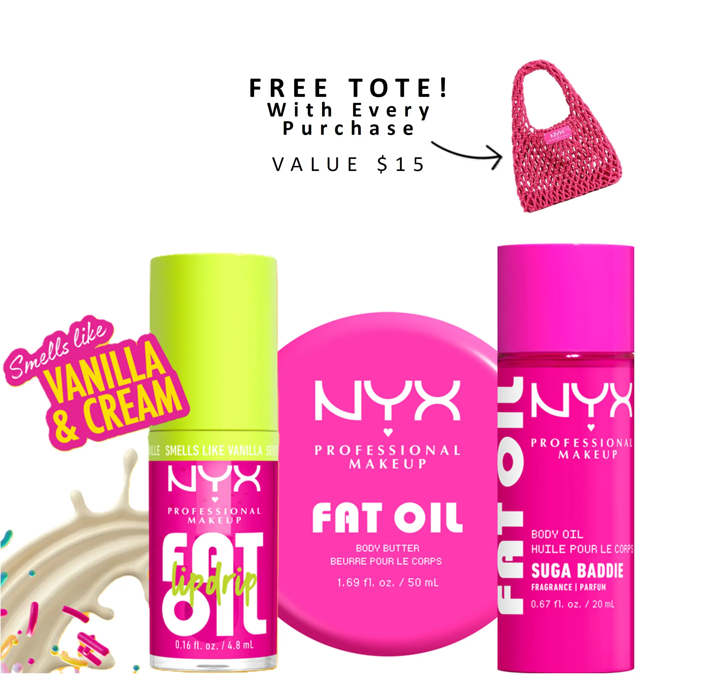 [NEW] Fat Oil Body & Lip Travel Size Discovery Set, Mini Body Oil + Mini Body Butter + High Shine Lip Oil, 24H Hydration, NYX Professional Makeup