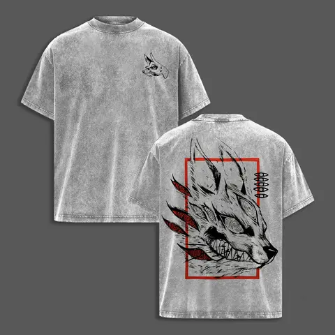 Menswear Graphic T-Shirt - Unisex Retro Chainsaw Man Fox Devil Streetwear Top, Round Neck, Short Sleeve, Loose Oversized Distressed Wash Heavy Cotton Tee (Up to 3XL), Casual