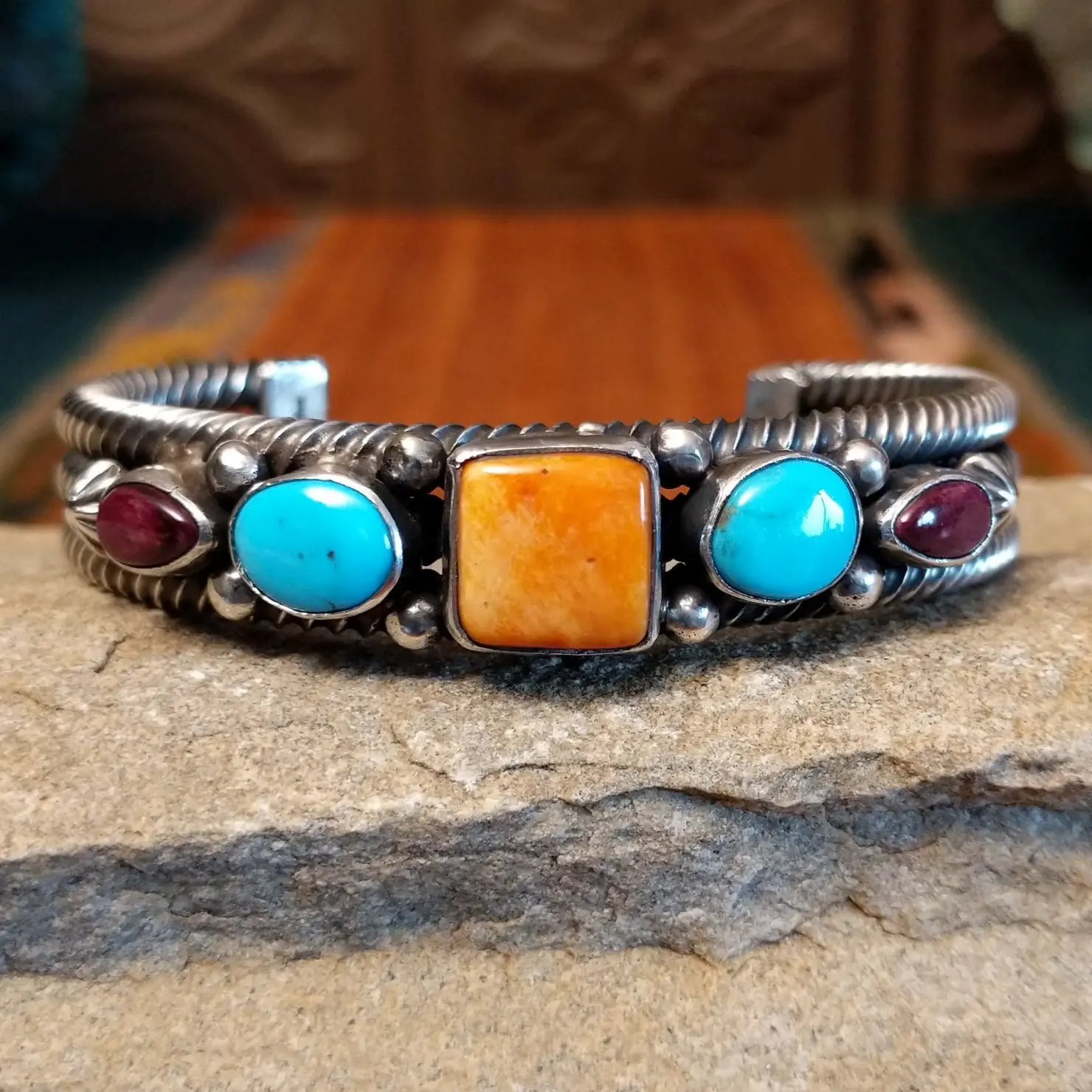 Turquoise & Spiny Oyster Shell Dotted Cuff by Akee Douglas GJ-BRC-0141