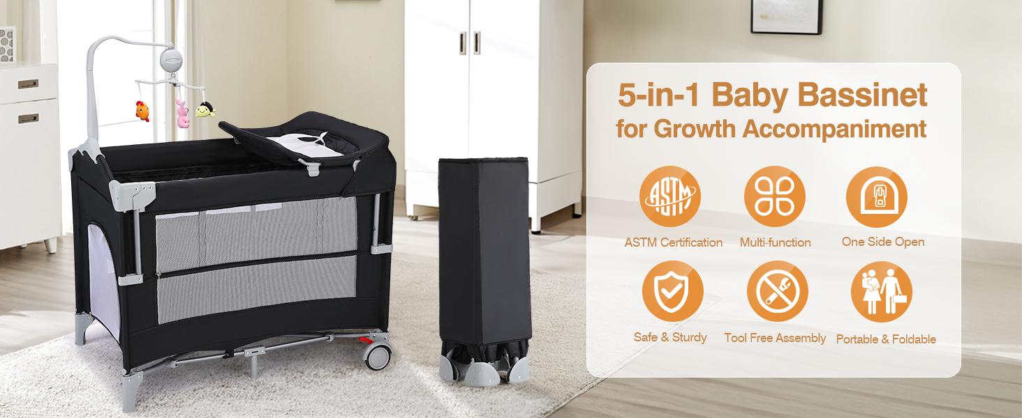 JOYMOR Pack and Play with Changing Table, 5-in-1 Portable Baby Bedside Bassinet with Storage, Travel Crib with Carry Bag, Compact Fold