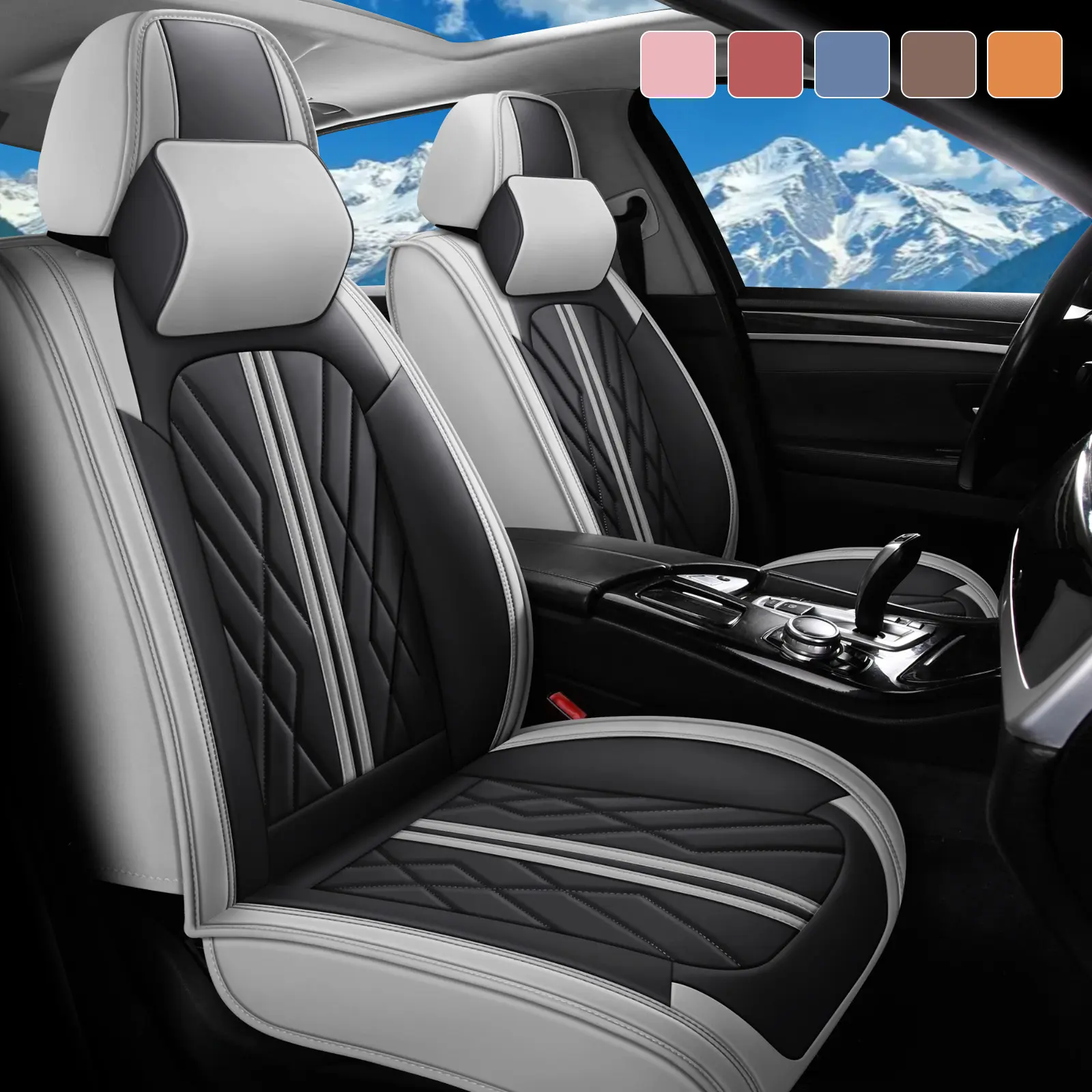 Car Seat Covers Set - Waterproof Nappa Leather with 2 Foam Memory Headrests, Storage Pockets, Airbag/Heated-Seat Compatible for Cars, SUVs, Trucks protector
