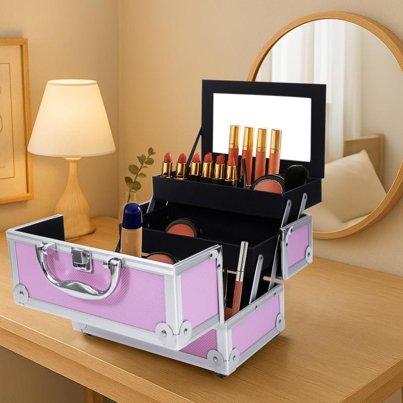 Portable top Double open aluminum alloy pink cosmetic case with mirror