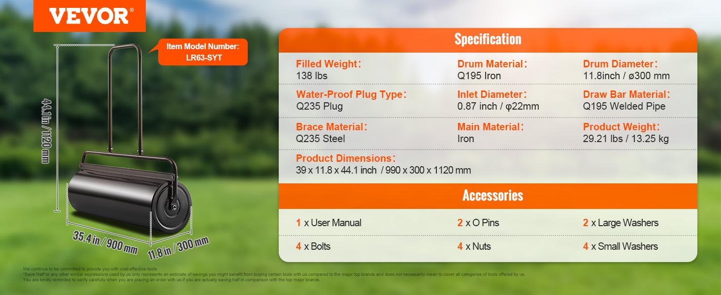 VEVOR Drum Lawn Roller, TikTokShopBlackFriday, 17 Gallon Sand/Water Filled Yard Roller, Steel Sod Roller with Easy-turn Plug and U-Shaped Ergonomic Handle for Convenient Push and Pull, for Lawn, Garden, Farm, Park