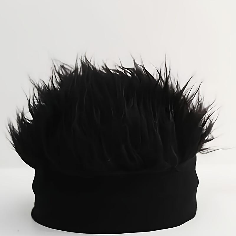 Men'S Funky Faux Fur Knit Beanie Hat - Hip-Hop Style, Straight Hair, No Brim, Perfect for Parties & Cosplay, Black & White Design, Party Accessory |   Funky Beanie |   Faux Fur Hat, Knit Beanie Hat