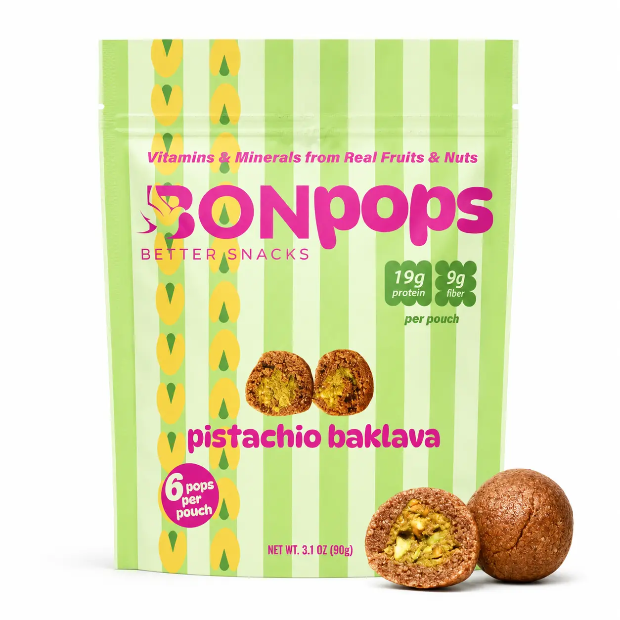 BON Pistachio Baklava Protein Pops - Pistachio Baklava, 6 Pops, 19g Protein & 9g Fiber per Pouch - All-Natural, Non-GMO, Gluten-Free, Soy-Free, Seed-Oil Free, Made with 100% Real Fruits