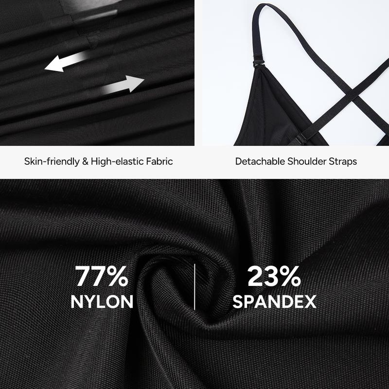 Nebility Women's Deep V Mesh Shapewear Bodysuit with Adjustable Straps for Chest Support and Tummy Control Thong Design for Snatched Waist Womenswear Compression Basic Minimalist Black