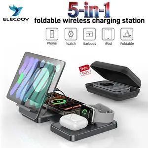 5-in-1 Wireless Charging Station, portable  Foldable chargers, with travel case, equipped with USB-A, USB-C and Lightning ports—compatible with iPhone/Samung , iPad,earphone and Apple Watch, ELECDOV CE41, the perfect gift.
