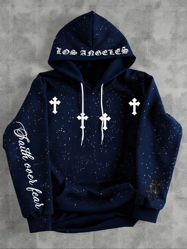 Men's Fleece Hoodie Sweatshirt, Gothic Cross Element, Star Dye Craft, Kangaroo Pocket, Casual Loose Fit Drawstring Pullover, Fall & Winter