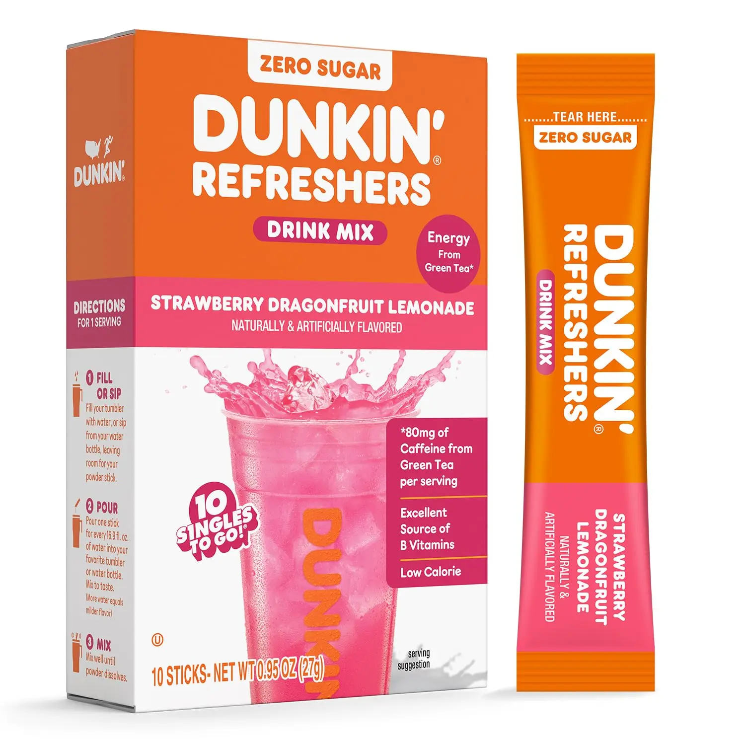 Dunkin’ Zero Sugar Refreshers Singles To Go! Powdered drink mix packets, Strawberry Dragonfruit Lemonade, 10 packets per box , Energy from Green Tea, aspartame-free, no synthetic colors, naturally and artificially flavored, just add water