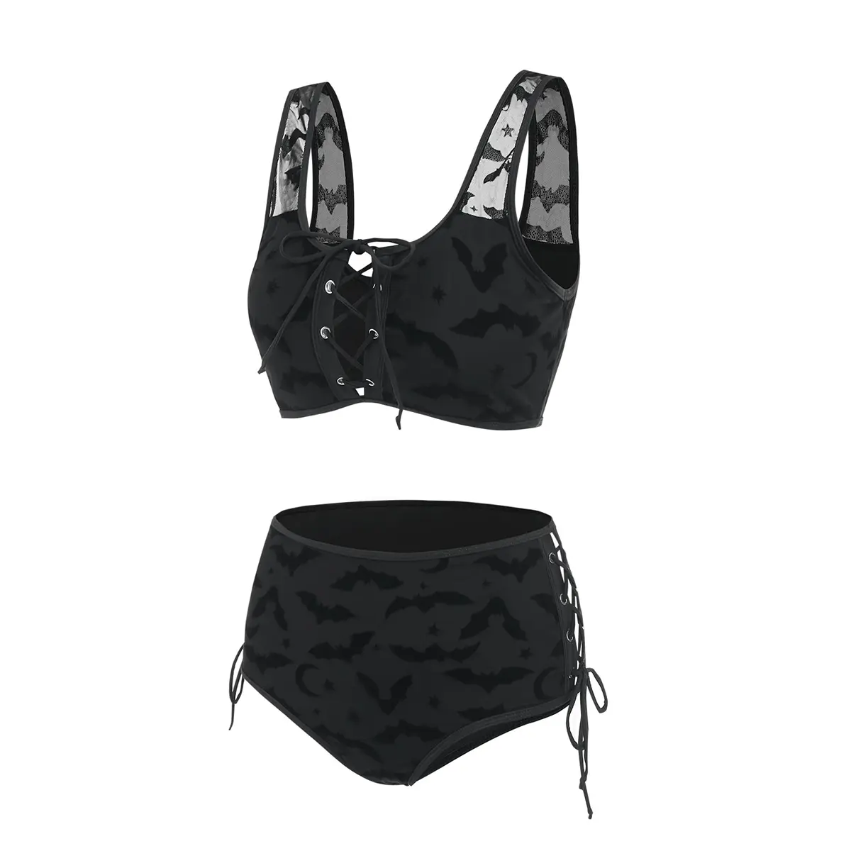 2026 Womens Gothic Bikini Sets Swimsuit Bat Crescent Star Print Bathing Suit Cinched Mesh Lace Up Cut Out Swimwear Two Piece Set Beach Bikinis