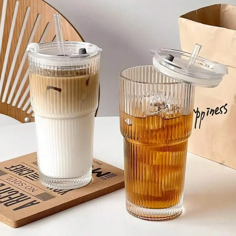 20oz Transparent Ribbed Glass Bathroom Tumblers (Set of 2) with Silicone Straws, Lids, Reusable Beverage Cups for Iced Coffee & Home Use