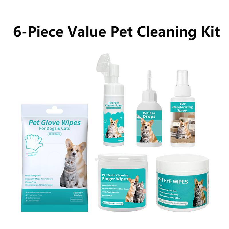 6Piece All-in-one Grooming Kit - Pet Grooming Glove Wipes 6PCS/PACK & Pet Teeth Cleaning Finger Wipes 50pcs & Pet Eye Wipes 100 Pcs &  Pet Ear Drops 60ml & Pet No-Rinse Paw Cleaner 100ml & Pet Deodorizing Spray 60ml